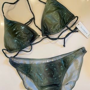 NWT PLAYBOY🐰IRIDESCENT GREEN METALLIC SWIM SET
